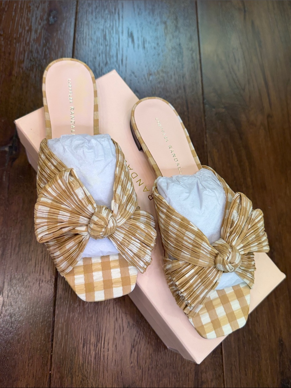 NWT - Loeffler Randall - Women’s Mustard Gingham Daphne Slide Sandals - Size: 8 - Picture 1 of 7